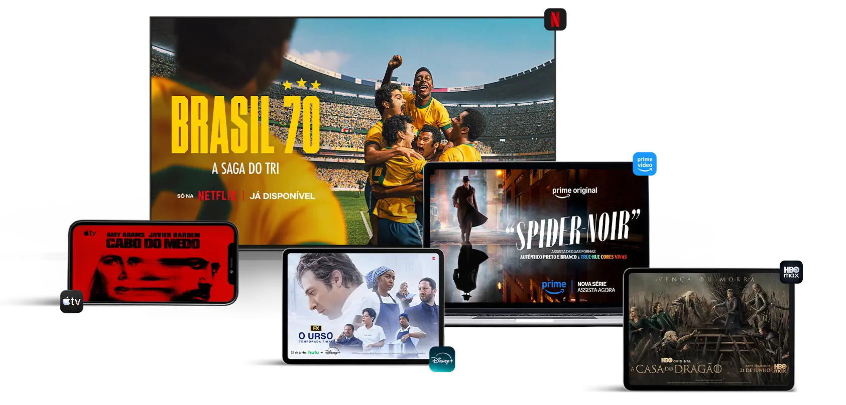 Imagem de uma televisão com o aplicativo Claro tv+, celular deitado com o aplicativo Netflix, tablet com o aplicativo MAX, notebook com o aplicativo Globoplay e celular em pé com o aplicativo Apple TV+