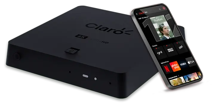 Imagem com a Box Claro Tv+ e APP