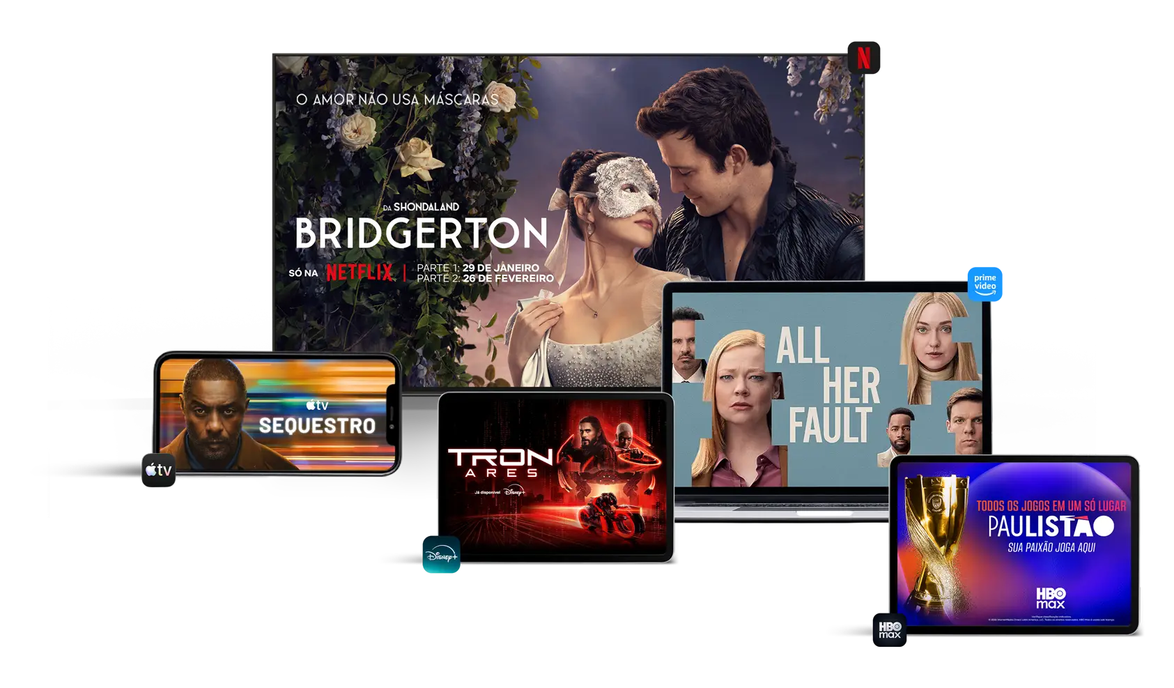 Imagem de uma televisão com o aplicativo Claro tv+, celular deitado com o aplicativo Netflix, tablet com o aplicativo MAX, notebook com o aplicativo Globoplay e celular em pé com o aplicativo Apple TV+